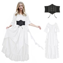 WYZJL Renaissance Dress Women Gothic Witch Dress Medieval Ruffle Victorian High Low Dress Costume Accessories Set with Corset Belt, White S/M