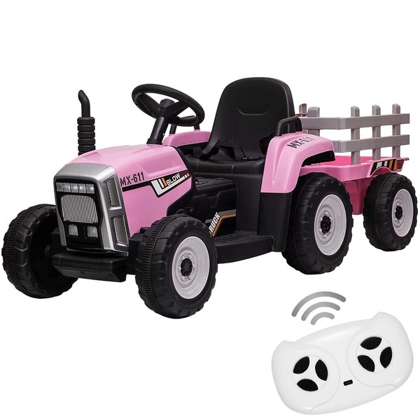 Nasitip 12V Kids Ride On Tractor with Trailer & Remote Control,Slow Start 7LED Headlights USB Music Player 2+1 Gear Shift, Pink, 25W/Treaded Tires (611-PINK25)