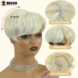 Hair Toppers For Women With Thinning Large Coverage 6" x 6.5" Pixie Cut Short Hair Topper Fluffy Synthetic Hair Pieces Clip In Bangs (Blonde Mixed White)