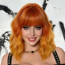 14" Short Orange Ombre Curly Wig For Women Girls Heat Resistant Fiber Wigs Halloween Cosplay Daily Party+Cap (Orange Ombre)
