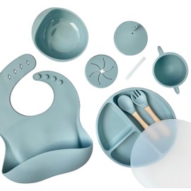 Lil' Lotus Silicone Baby Led Weaning Set, Non-Toxic, BPA Free, Latex Free, Includes Divided Plate & Cover, Spoon & Fork, Silicone Straw Cup with Snack Lid, Dishwasher Safe (Slate Blue)