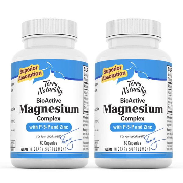 Terry Naturally BioActive Magnesium Complex (2 Pack) - 60 Vegan Capsules - Vitamin B6 (Pyridoxal-5-Phosphate), Zinc & Magnesium Supplement, Supports Heart Health - 120 Servings