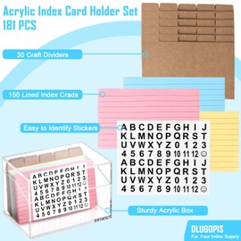 3 x 5 Inch Acrylic Index Card Holder Clear Flash Card Holder Recipe Card Box 150 Pcs Ruled Lined Index Cards 30 Pcs Kraft Dividers A to Z Stickers For Holds 400 A-Z Tabs Note Cards Business Cards