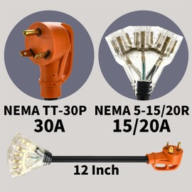 30 Amp to 110 Adapter RV Cord, 30 Amp to 20 Amp Adapter, NEMA TT-30P Male to 3X 5-15R/5-20R T-Blade Household Outlet Female with Lighted Power Indicator UL Listed (TT-30P to 3X5-15R/5-20R)