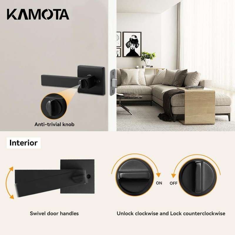 KAMOTA Privacy Door Levers, 8 Pack Matte Black Door Handles