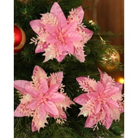 Kisflower 24PCS Poinsettia Artificial Flowers Pink Christmas Flower Decorations with Clips and Stems, Glitter Christmas Tree Ornaments for Xmas New Year Wedding Party (Pink)
