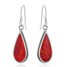 AeraVida Classic Teardrop Shaped Reconstructed Red Coral Inlaid .925 Sterling Silver Dangle Earrings