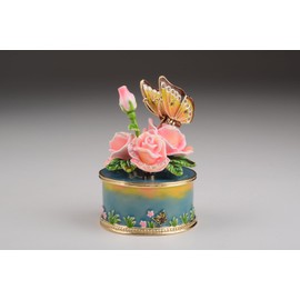 Keren Kopal Pink Roses with Butterfly Faberge Style Trinket Box Beautiful Playing Music Jewelry Box Perfect Gift