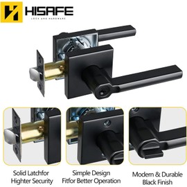 HISAFE Heavy Duty Keyed Entry Door Lever, Matte Black Square Door Handle Interior Door Lock for Front Door and Office, Reversible for Right & Left Handed, 2 Pack