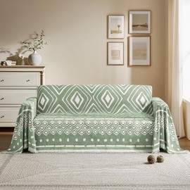 Maymiss Boho Couch Cover for Dogs Washable Chenille Sofa Covers Reversible Sofa Slipcover Pet Friendly for Sectional Sofa, 2 or 3 Cushion Couch (Boho1 Sage Green, 71" x 150")
