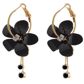 Romantic Colorful Cubic Zircon Crystal Acrylic Rose Flower Round Circle Hoop Dangle Drop Earrings Elegant Petal Pendant Tassel Jewelry for Women-black