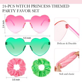 Yuxung 24 Pcs Witch Party Favor Supplies Hair Scrunchies and Sunglasses 12 Silk Satin Scrunchies 12 Heart Shaped Glasses for Witch Party Favor(Pink, Light Green)
