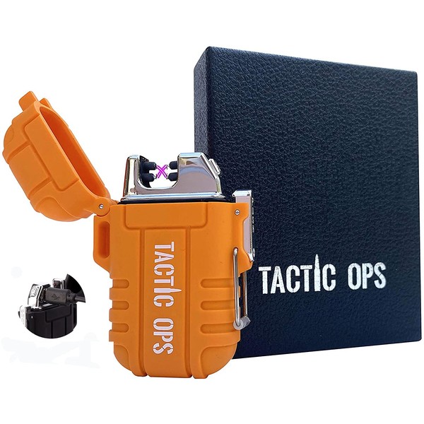 Rechargeable Military Windproof/Waterproof Lighter - Tactical Outdoor Dual Arc Electric - Great Outdoor Lighter for Camping AMD Hiking with an Emergency Whistle (Orange)