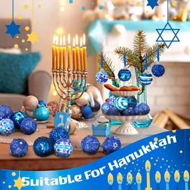 Lenwen 24 Pcs Hanukkah Ball Ornaments Hanukkah Tree Ornaments Blue and White Christmas Tree Decorations for Hanukkah Xmas Party Holiday Decoration