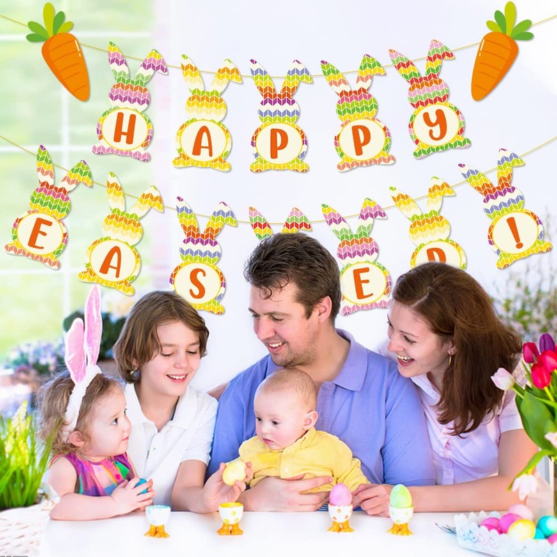 Happy Easter Banner Bunny Carrots Banner Easter Decorations for Indoor