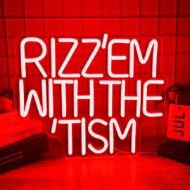 Rizz 'Em With The Tism Neon Signs for Wall Decor,Dimmable Autistic Humor Autism Awareness Neon Light,USB Neon Light for Man Cave Bedroom Kid Classroom Birthday Party Gifts (12.9 * 11in)