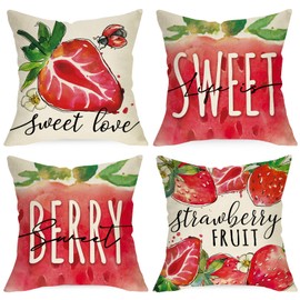 Ussap Spring Summer Strawberry Decorative Throw Pillow Covers 18 x 18 Set of 4, Life is Sweet Red Fruit Cushion Case Decor, Sweet Berry Seasonal Home Decoration for Sofa Couch