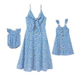 IFFEI Family Matching Outfits Mommy and Me Dresses Tshirt Set Spaghetti Strap Summer Casual Dresses Blue Girl 3-4Y