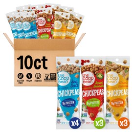 The Good Bean Crunchy Chickpeas - Variety Pack - (10 Pack) 1.4 oz Packet - Sweet Sriracha, Sea Salt, and Classic Hummus Roasted Chickpea Beans - Vegan Snack with Good Source of Plant Protein and Fiber