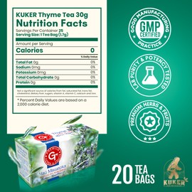 KUKER Thyme Tea - Herbal Tea Bags with Fresh Dried Thyme Herbs, Calming Bedtime Tea, Thyme Dried Tea for Relaxation, Cold Infusion Tea Bags, Soothing Flavor, Easy Brew - 20 Tea Bags, 30g