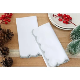 PurpleEssences Scalloped Embroidery Cloth Napkins Table Decor Spring Summer Easter 100% Cotton Set of 4-18 x 18 inch - White - Edges - Silver