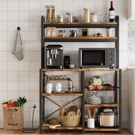 Alkmaar Bakers Rack with Power Outlet, Industrial Microwave Stand, Kitchen Bakers Rack with Metal Wire Drawer, 6-Tier Baker's Racks for Kitchens with Large Storage, Rustic