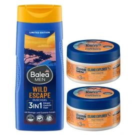 Balea Men Set of 3 Skin and Hair Care: Shower Gel Wild Escape 3-in-1 for Body, Face & Hair Refreshing with Guarana Extract, 300 ml + Matte Paste Island Explorer Natural Styling, 2 x 100 ml (500 ml)