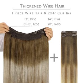 WENNALIFE Wire Hair Extensions (Increase 50% Lifespan) Real Human Hair 14 inch 105g Ombre Walnut Brown to Ash Brown Bleach Blonde Remy Real Hair Extensions Invisible Wire Human