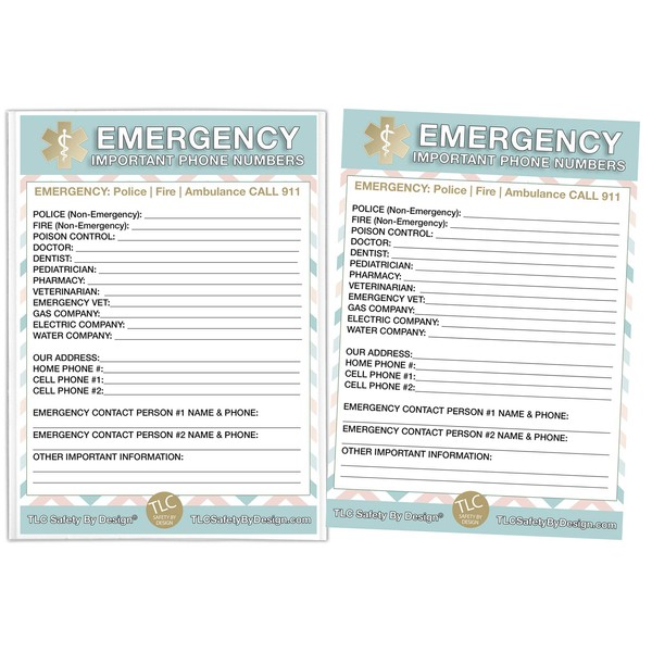 EMERGENCY CONTACT CARDS in Magnetic Sleeve Home Alone 5” x 7” Doctor Approved Refrigerator Safety Important Phone Numbers Call List (2 Cards and 1 Magnetic Sleeve, Pastel Medical ICE)