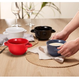 KooK French Onion Soup Crocks with Handles, Ceramic Bowls, for Rice, Dessert, Pasta, Dishwasher, Microwave, Oven & Broil Safe, Red, Set of 4, 18 oz, Red
