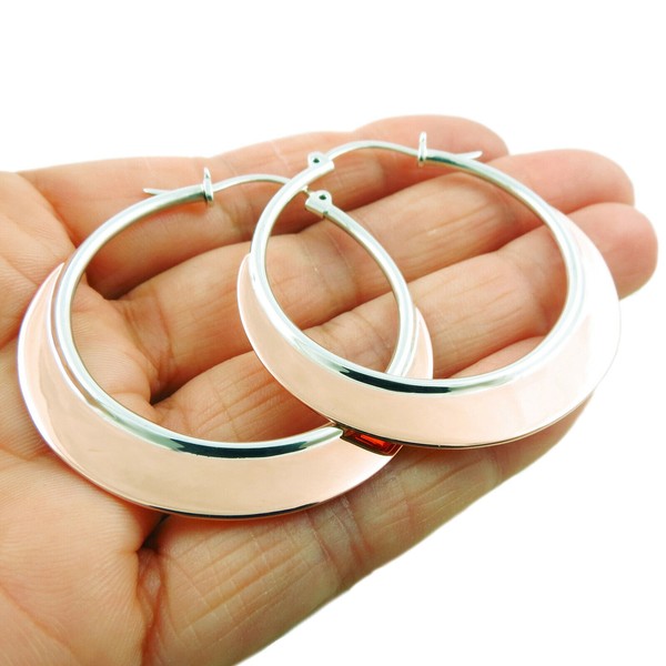 Large 925 Sterling Silver and Hammered Copper Creole Hoop Earrings