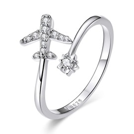 BISAER Dainty Airplane Rings Adjustable for Women 925 Sterling Silver Plane Open Rings Paved with Cubic Zirconia Adjustable Rings for Women