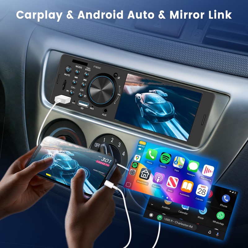 Single Din Car Stereo with CarPlay Android Auto, Touch Screen