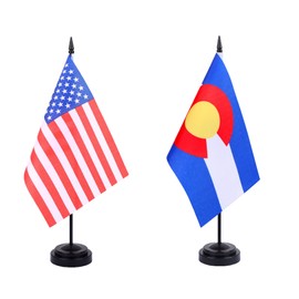 WXTWK 2 Pack USA Colorado Flag Colorado State Desk Flag Set - Mini Small Colorado Table Office Flags with Black 12" Solid Pole Stand Base Classroom Meeting Desktop Decorations