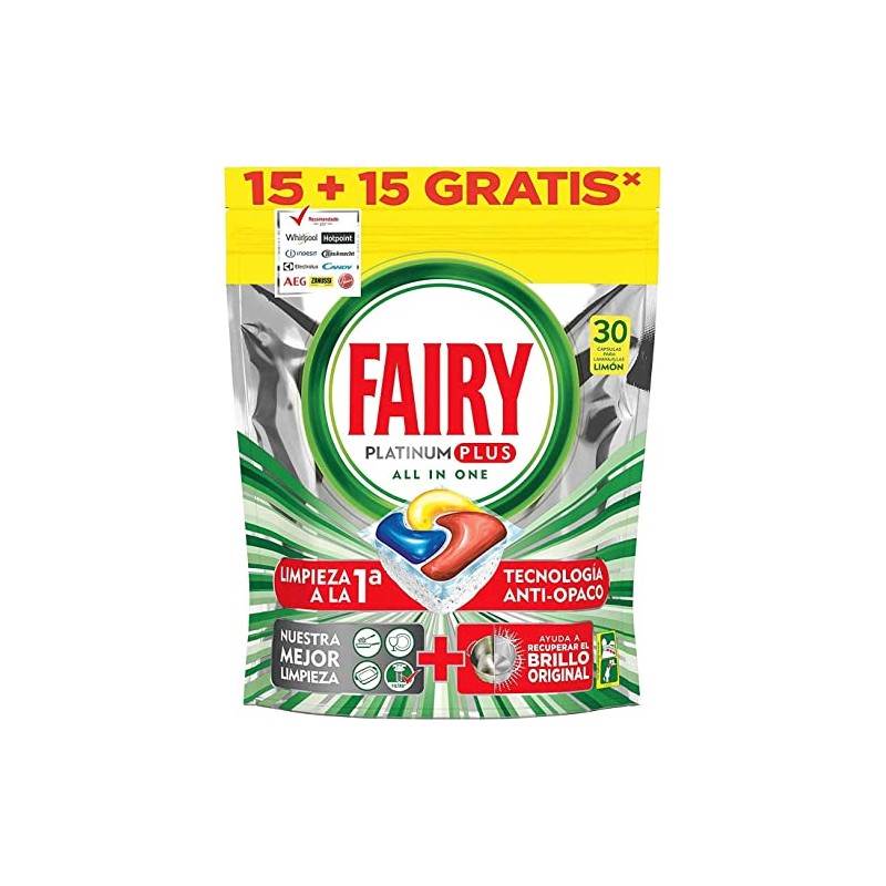 Fairy Platinum Plus Dishwasher Tablets All-In-One 30 Capsules Lemon, Lemon