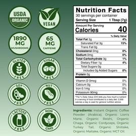 Kinoko USDA Organic Mushroom Coffee 30 Servings with MCT Oil, Instant Creamy Coffee Mix with 7 Adaptogenic Mushrooms for Focus, Energy & Wellness, USA Grown