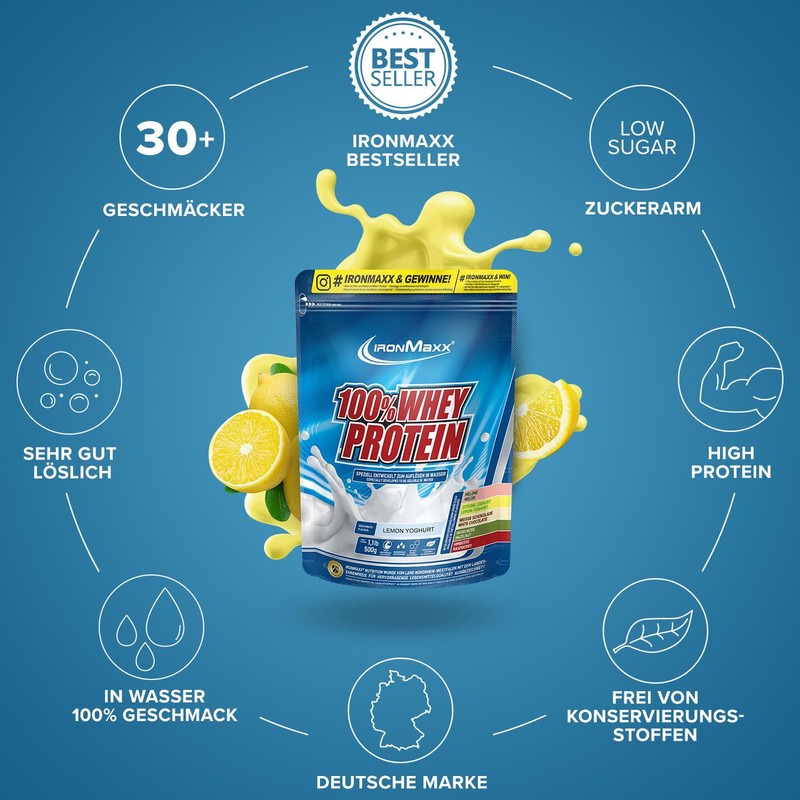 IronMaxx 100% Whey Protein Powder, Lemon Yoghurt 500 g Bag,