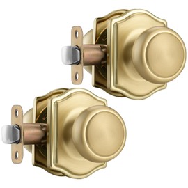 NCSEN 2 Pack Gold Door Knobs with Camelot Trim,Interior Door Knob with Lock,Coastal Door knob for Hall & Closet, Satin Brass