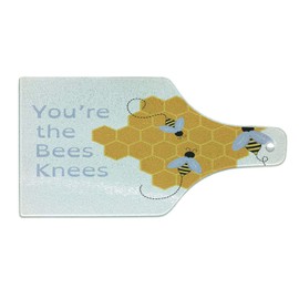 Ambesonne Honey Bee Cutting Board, You're the Bees Knees Complimenting Phrase, Decorative Tempered Glass Cutting and Serving Board, Wine Bottle Shape, Pale Ceil Blue Marigold Charcoal Grey and White