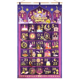 DPKOW Ramadan Calendar for Filling Fabric, 2025 Ramadan Advent Calendar for Hanging Wall Door, Calendar for Ramadan Bayram Gifts with 30 Bags Reusable, Purple Gold