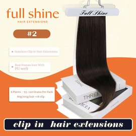 Full Shine Seamless Clip in Hair Extensions Human Hair Dark Brown Real Hair Clip in Extensions Straight Invisible Brazilian Hair Extensions Clip ins 20 Inch 120 Grams 8 Pcs