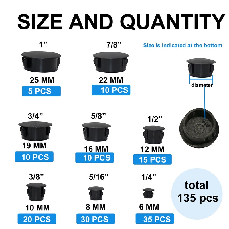 kuosbiu 135Pcs 8 Sizes Nylon Plastic Hole Plugs 1/4" 5/16"