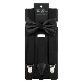 TIE G Solid Color Men's Suspender + Woven Bow Tie Set for Wedding : Vivid Color, Adjustable Brace, Strong Enhanced Clip, Elastic Band (Black)