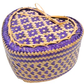 Sticky Rice Basket Heart Shape Bamboo Woven 6 inch Container Mini Heart Pattern Thailand Handmade Kratip Thai Laos Serving (Purple)