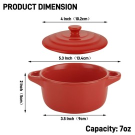 RHBLME 6 Pack French Onion Soup Bowls, 7 Oz Ramekins Oven Safe Mini Cocotte, Red Ramekins with Lids Oven Safe Soup Bowls for Creme Brulee, Pot Pie, Lava Cakes, Pumpkin Soup