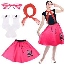 ZhouBoat 4 PCs 1950's Women Costume, Poodle Skirts for Women, Scarf Eyeglasses Bandana Tie, Cotton Embroidery Poodle Socks, M