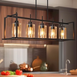 DSMJFU Matte Black Farmhouse Dining Room Lighting Fixture, 5-Light Linear Pendant Lighting, Rectangle Kitchen Light with Amber Glass Shades, Adjustable Height Rectangle Hanging for Kitchen Table