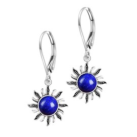 Silver Sun Flower Round Blue Lapis Lazuli Stone Drop Earrings,Genuine Real Crystal Quartz Gemstone Dangle Dangling Earrings,Boho Bohemian Jewelry for Women Her (A02_Lapis Lazuli)