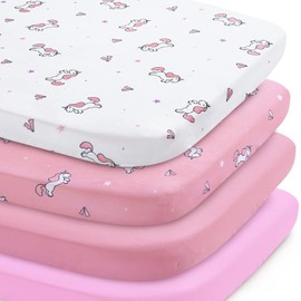 Mini Crib Sheets 4 Pack, Mini Portable Crib Sheets | Pack and Play Sheet Universal Fit for Pack and Play, Playard, Playpen, Mini Crib Mattress, Pink