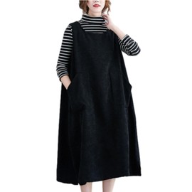 ellazhu Women's Round Neck Overall Corduroy Pinafore Pullover Jumper Dress GZ60 Black